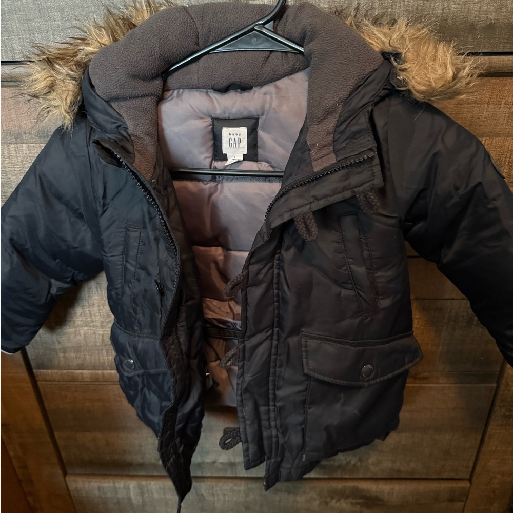 GAP Kids Charcoal Puffer Jacket with Faux Fur Trim
